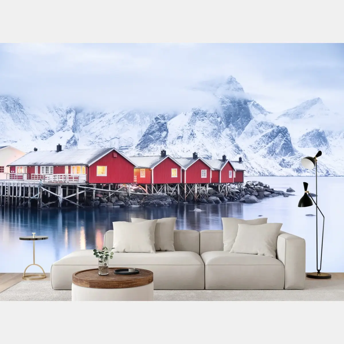 Wall mural sunrise over Lofoten red cabins • Wallissimo®