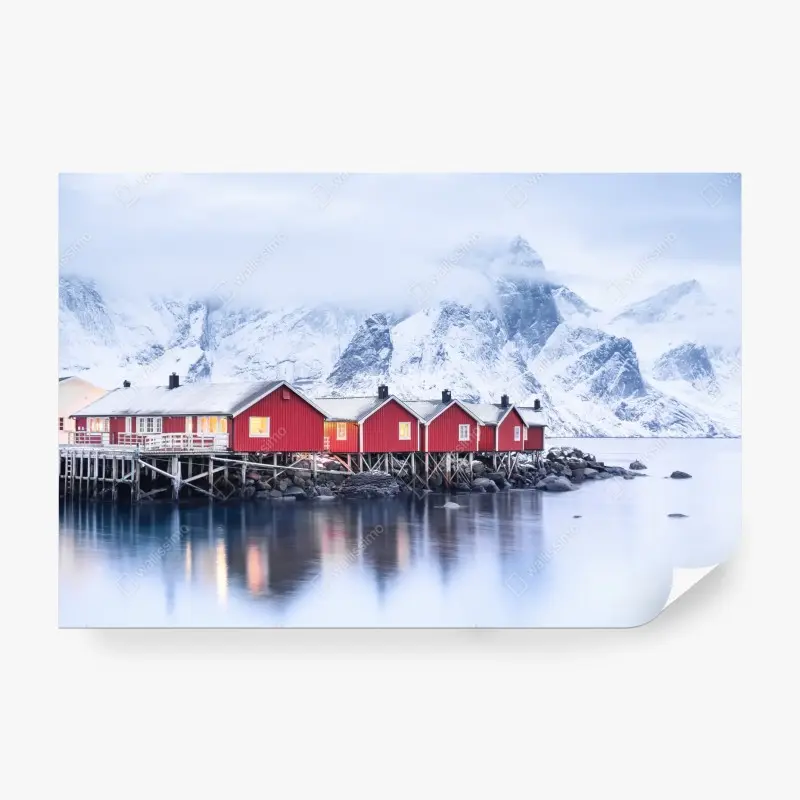 Wall mural sunrise over Lofoten red cabins