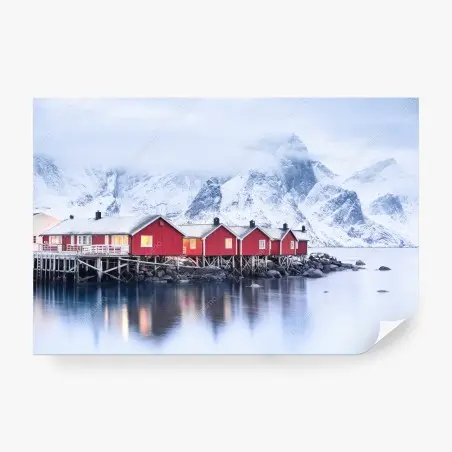 Wall mural sunrise over Lofoten red cabins • Wallissimo®