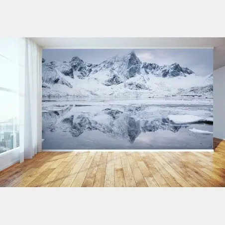 Wall mural snowy mountain ridge reflection in Norway • Wallissimo®