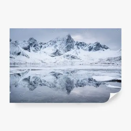 Wall mural snowy mountain ridge reflection in Norway • Wallissimo®