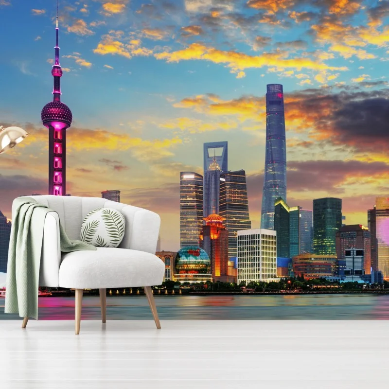 Wall mural Shanghai skyline at sunset