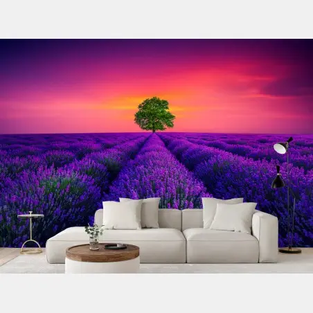 Wall mural lavender sunset with lone tree • Wallissimo®
