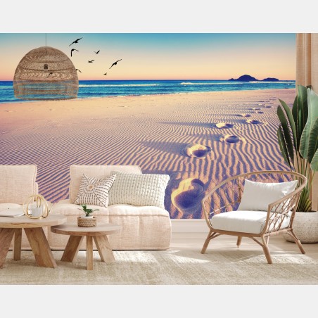 Wall mural magic footprints on a summer beach • Wallissimo®