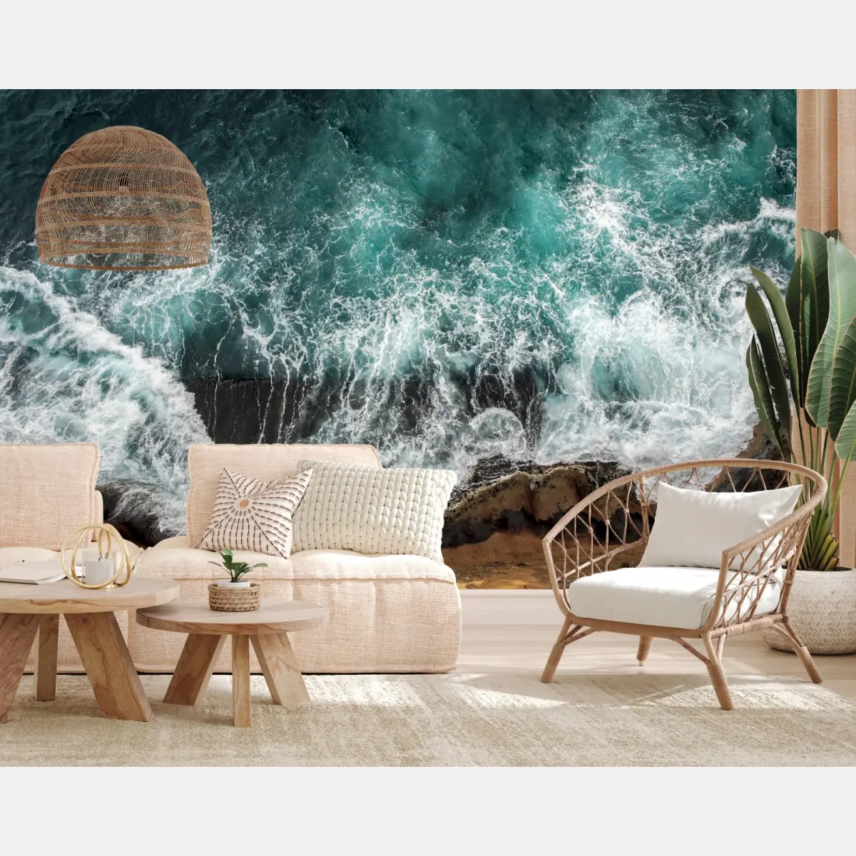 Wall mural aerial turquoise coast with crashing waves • Wallissimo®