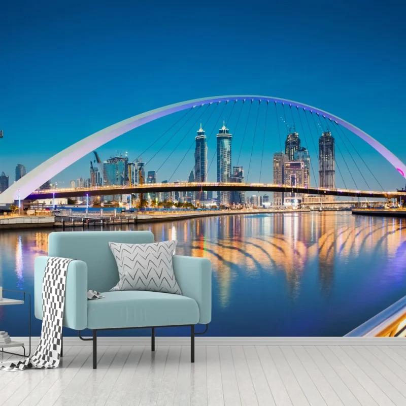 Wall mural Dubai downtown skyline with illuminated bridge