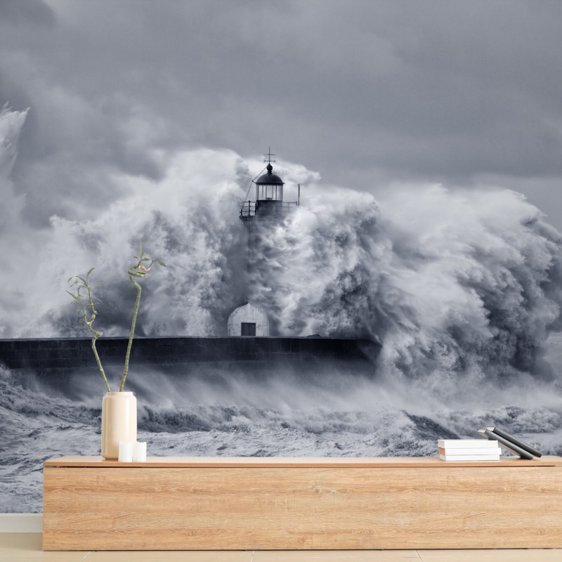 Wall mural lighthouse engulfed by stormy waves