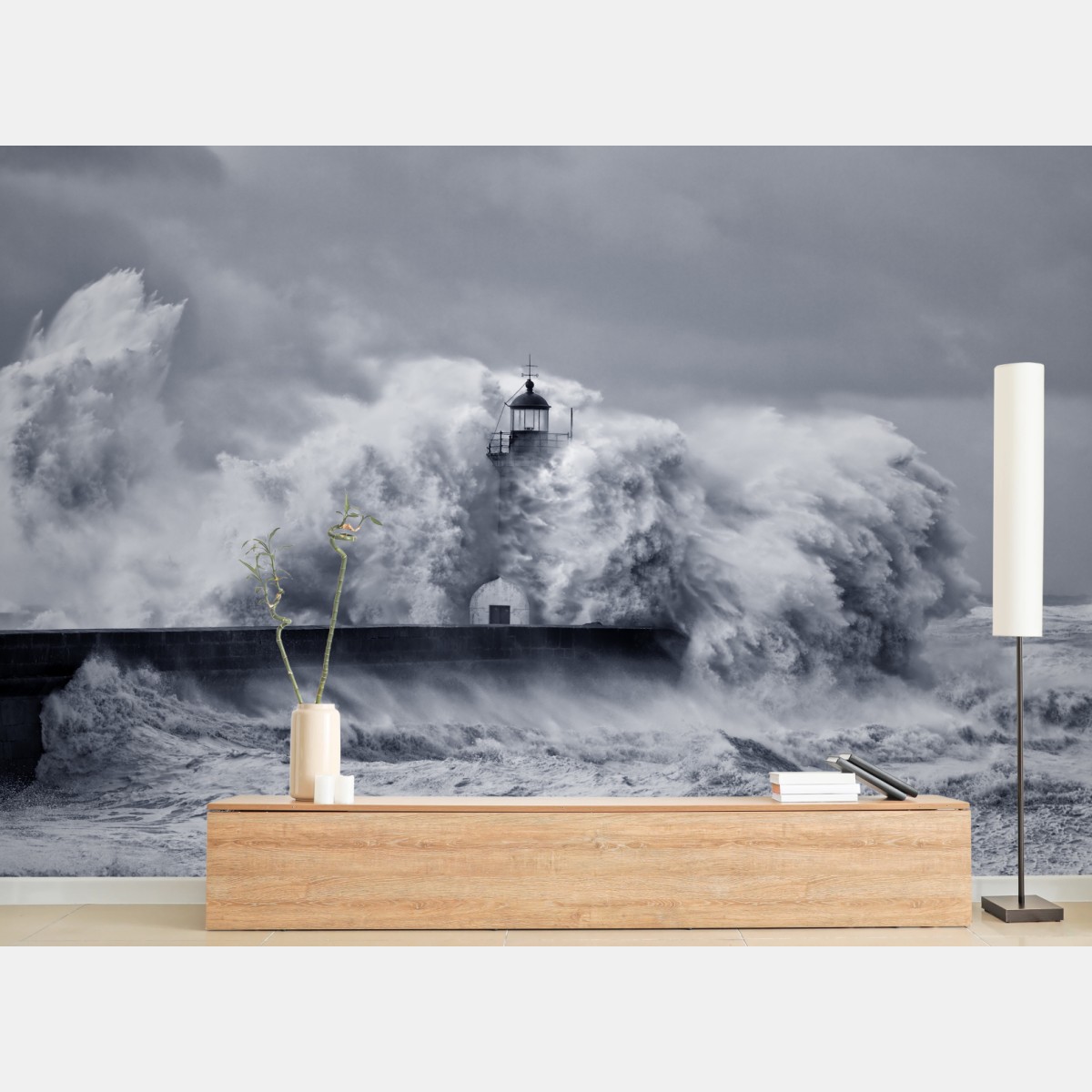 Wall mural lighthouse engulfed by stormy waves • Wallissimo®