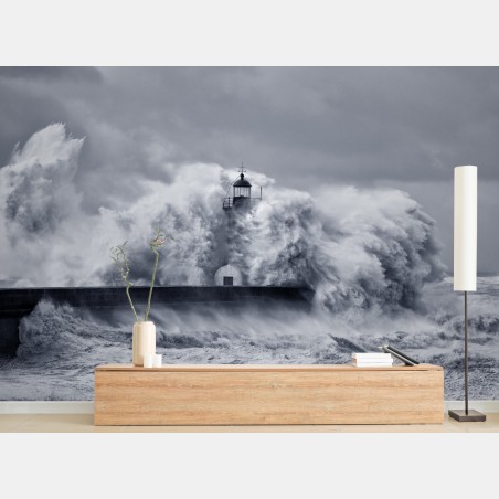 Wall mural lighthouse engulfed by stormy waves • Wallissimo®