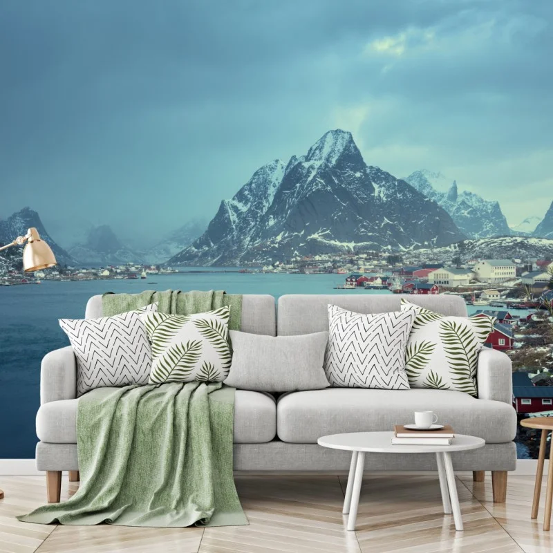 Wall mural Reine village fjord in winter