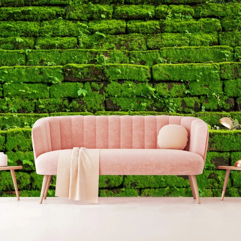 Wall mural lush moss-covered brick wall