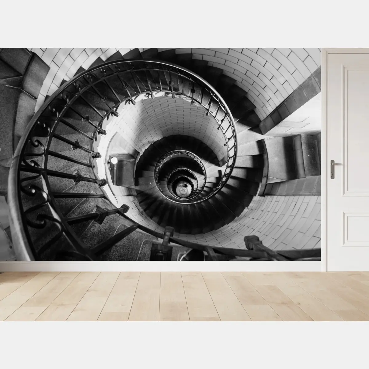 Wall mural spiral staircase in monochrome perspective • Wallissimo®