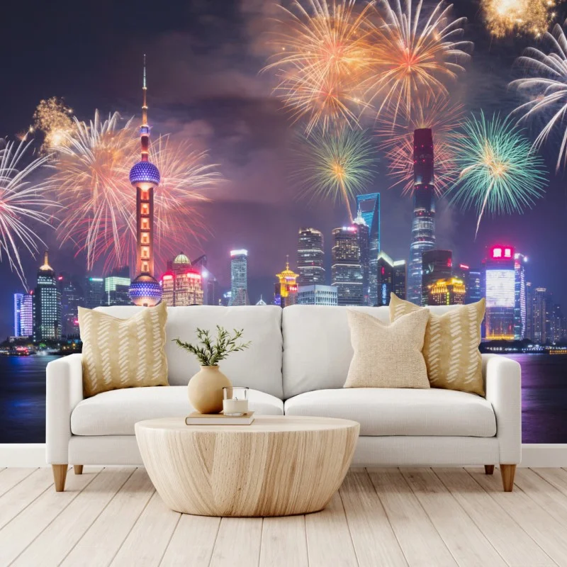 Wall mural Shanghai skyline with fireworks over Huangpu River