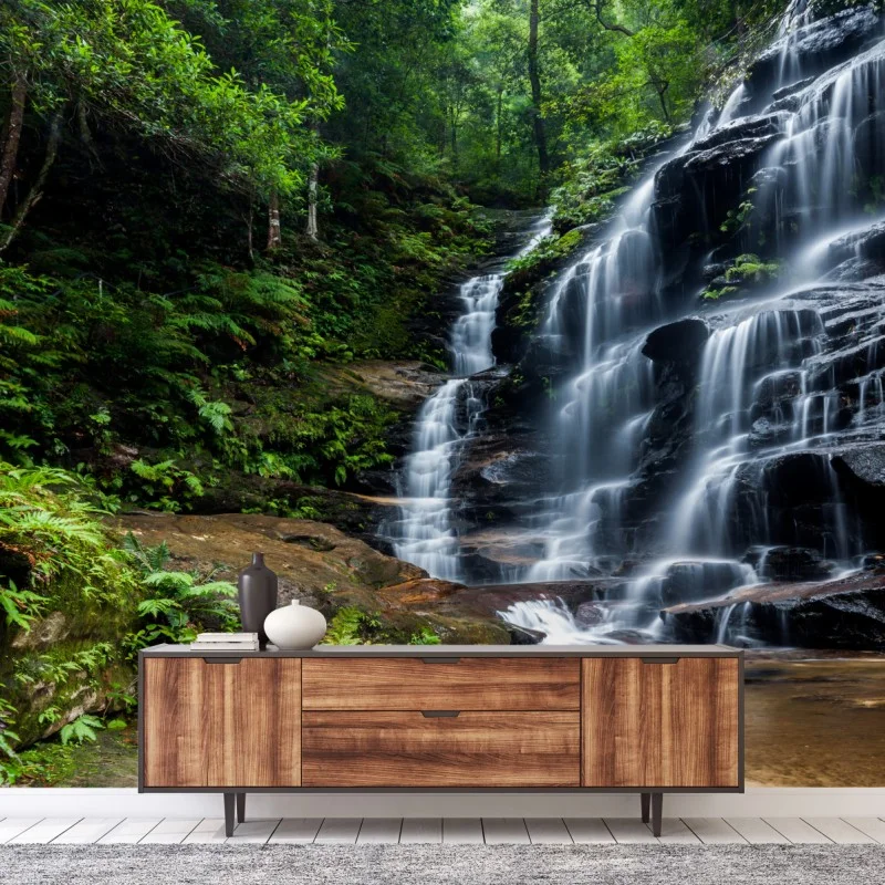 Wall mural serene forest waterfall