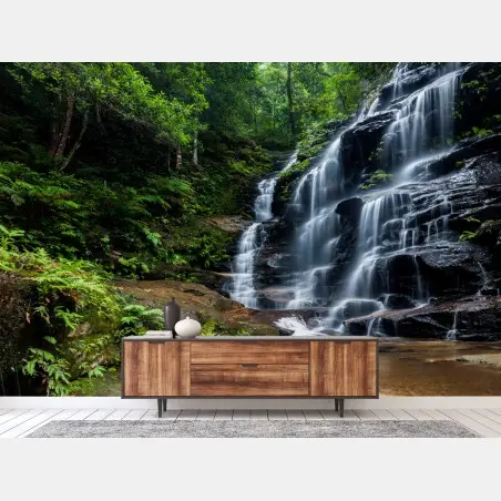 Wall mural serene forest waterfall • Wallissimo®