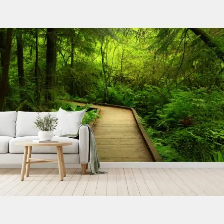 Wall mural serene green forest boardwalk • Wallissimo®