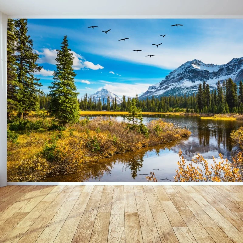 Wall mural autumn mountain lake with birds