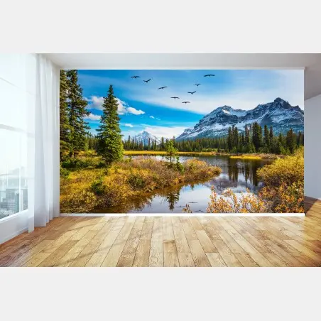 Wall mural autumn mountain lake with birds • Wallissimo®