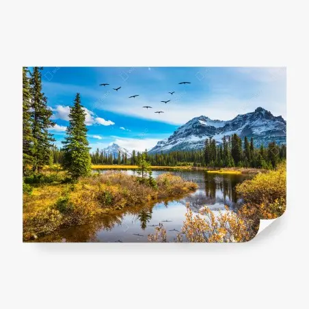 Wall mural autumn mountain lake with birds • Wallissimo®