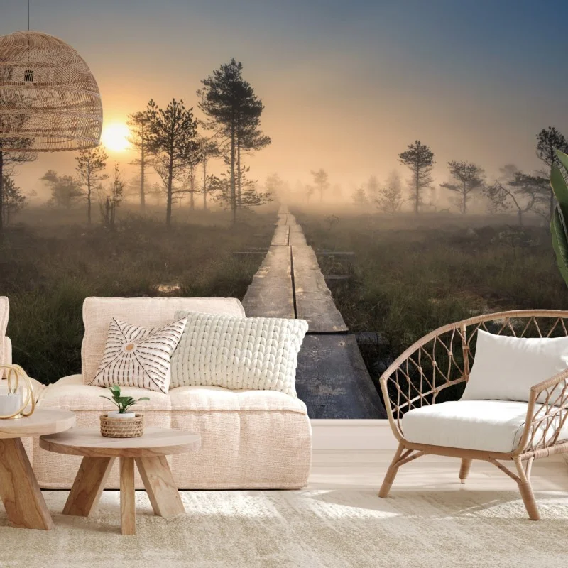 Wall mural misty sunrise over wooden boardwalk