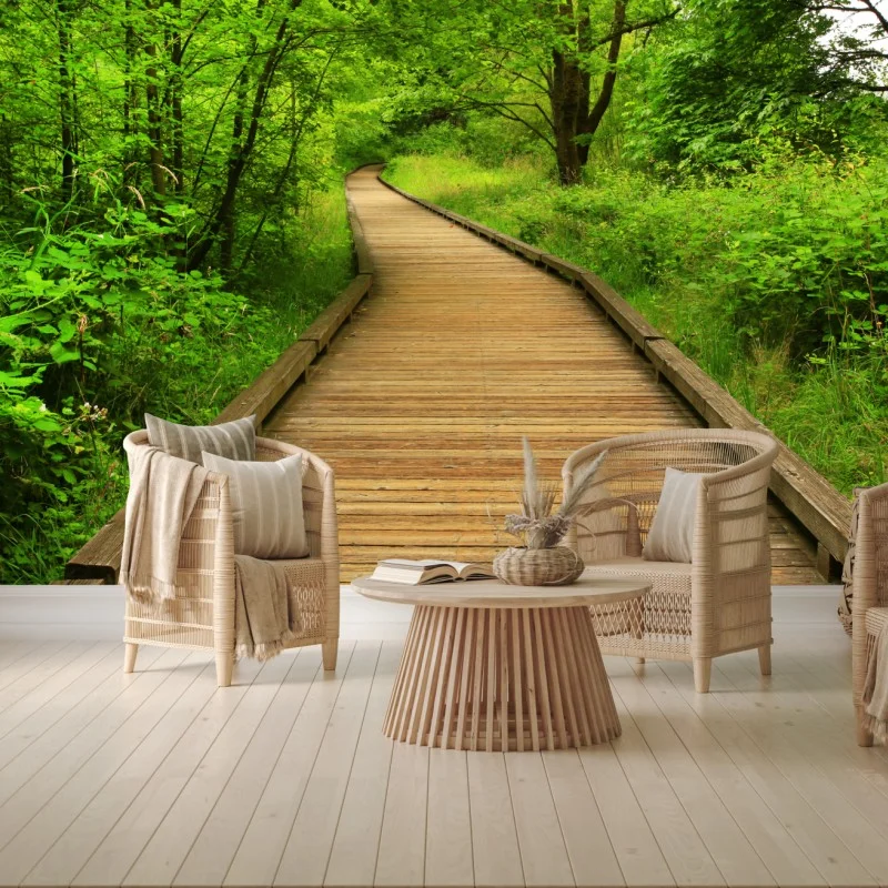 Wall mural serene forest boardwalk pathway