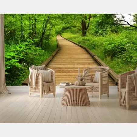 Wall mural serene forest boardwalk pathway • Wallissimo®