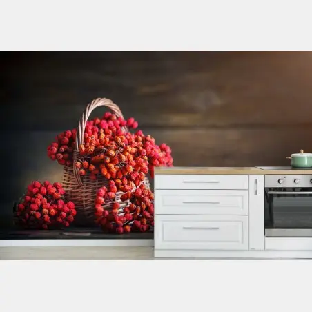 Wall mural autumn rowan berries in wicker basket • Wallissimo®