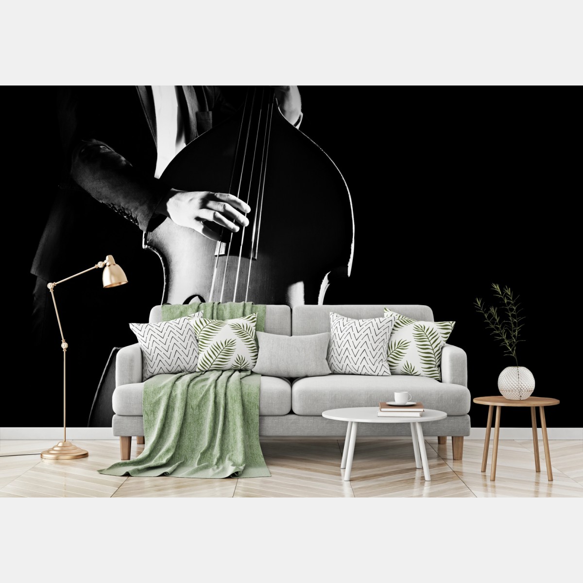 Wall mural double bass player in dramatic monochrome • Wallissimo®