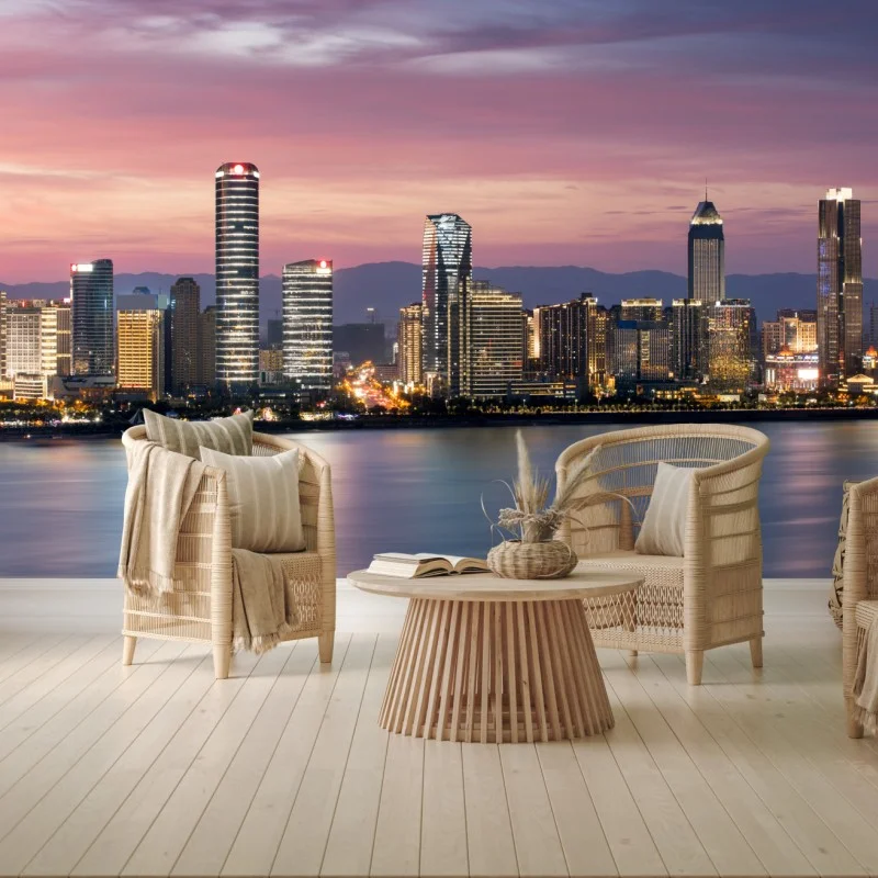 Wall mural tranquil city skyline at dusk