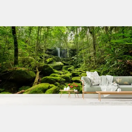 Wall mural lush mossy waterfall in tropical forest • Wallissimo®
