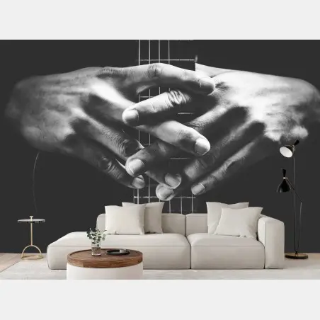 Wall mural intertwined hands on guitar strings • Wallissimo®
