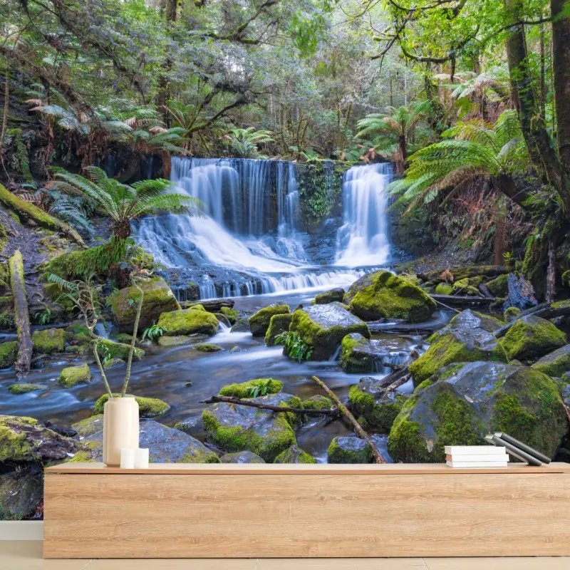 Wall mural serene forest waterfall retreat