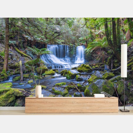 Wall mural serene forest waterfall retreat • Wallissimo®