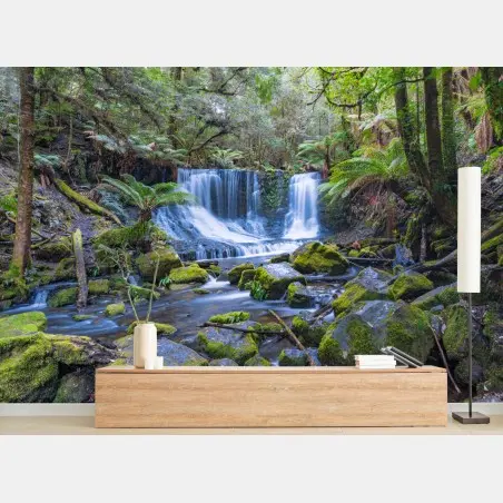 Wall mural serene forest waterfall retreat • Wallissimo®
