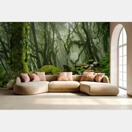 Wall mural mossy forest stream in morning mist • Wallissimo®