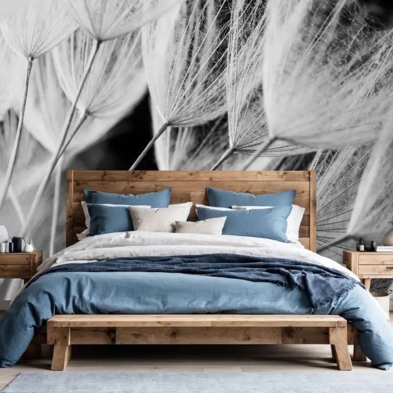 Wall mural delicate dandelion seed close-up in monochrome