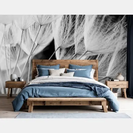 Wall mural delicate dandelion seed close-up in monochrome • Wallissimo®