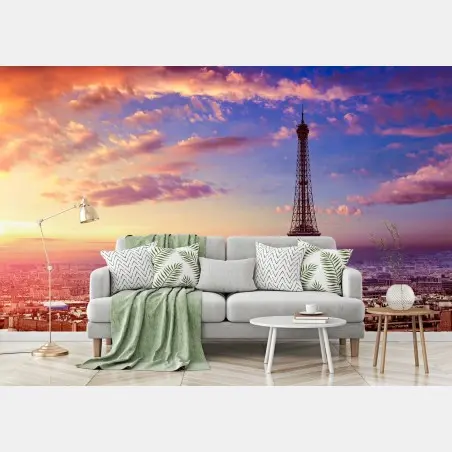 Wall mural sunset over the Eiffel Tower skyline • Wallissimo®