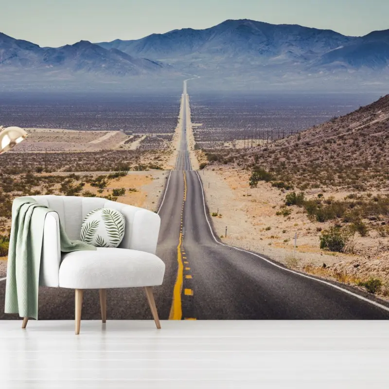 Wall mural endless desert highway to the mountains