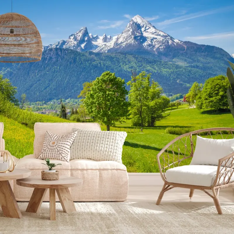 Wall mural serene alpine meadow with mountain peaks