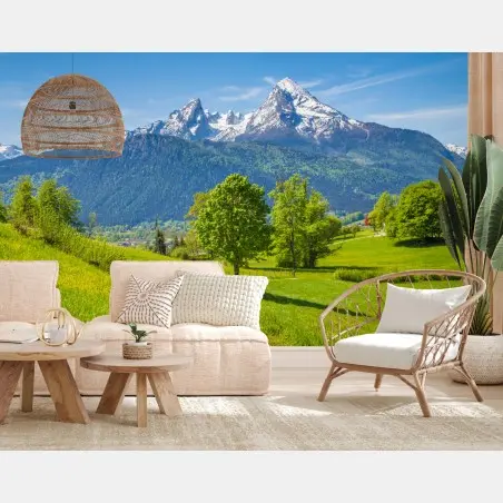 Wall mural serene alpine meadow with mountain peaks • Wallissimo®