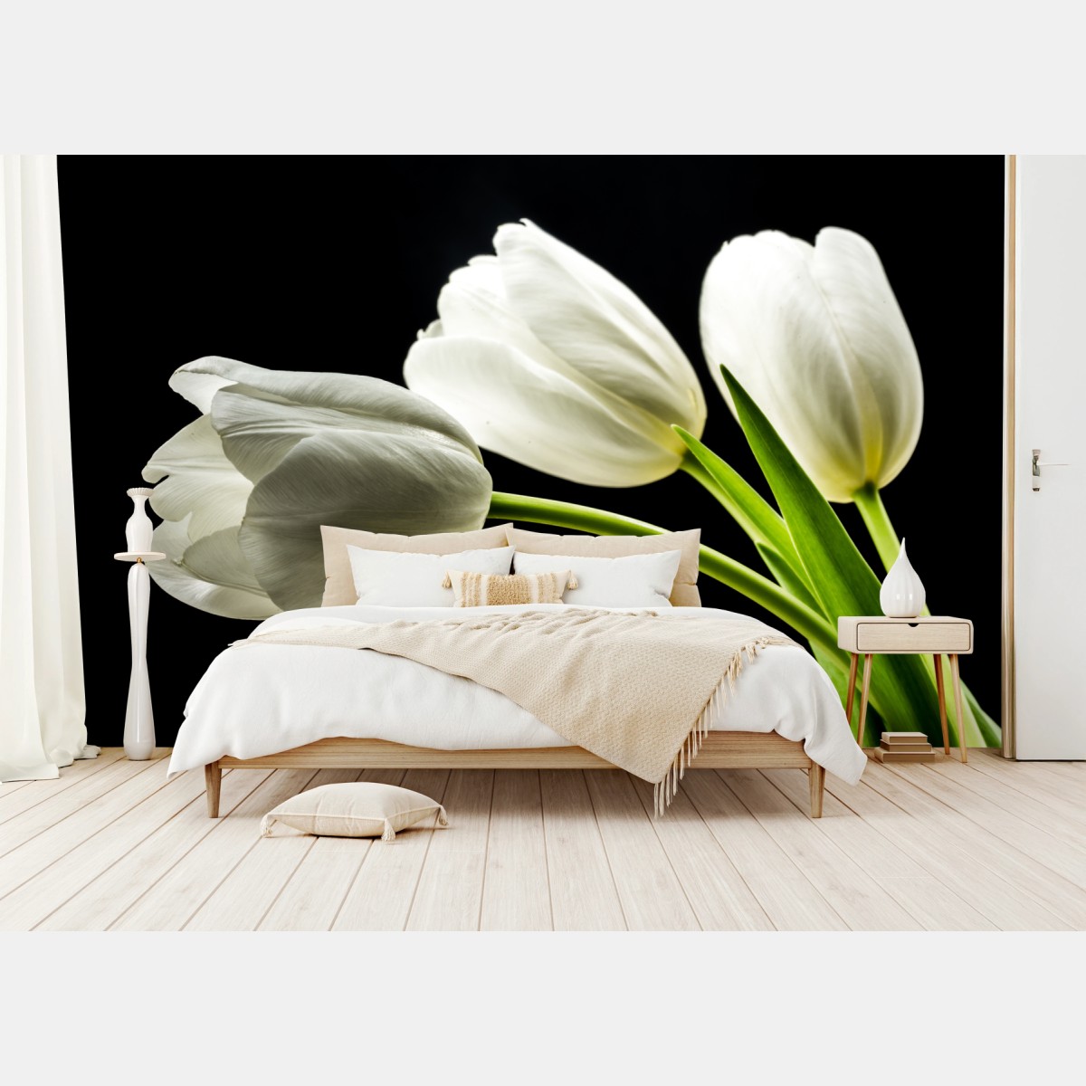 Wall mural elegant white tulips on black background • Wallissimo®