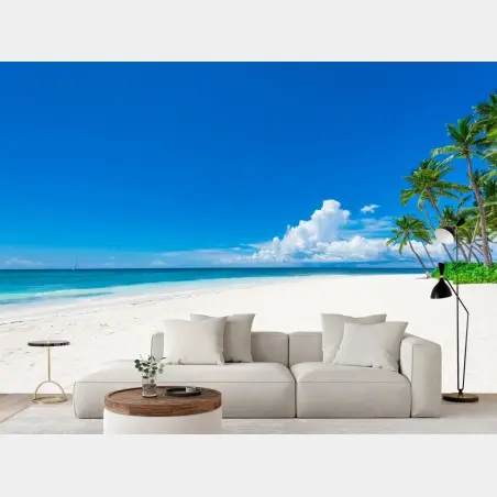 Wall mural tropical paradise beach with palm trees • Wallissimo®