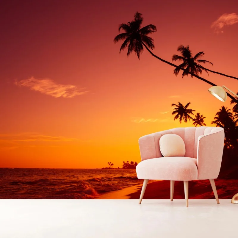 Wall mural tropical sunset beach silhouette