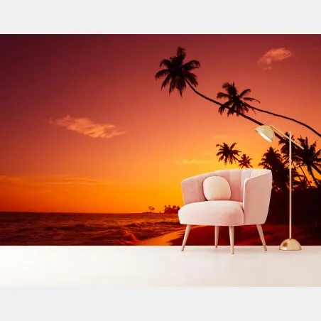Wall mural tropical sunset beach silhouette • Wallissimo®