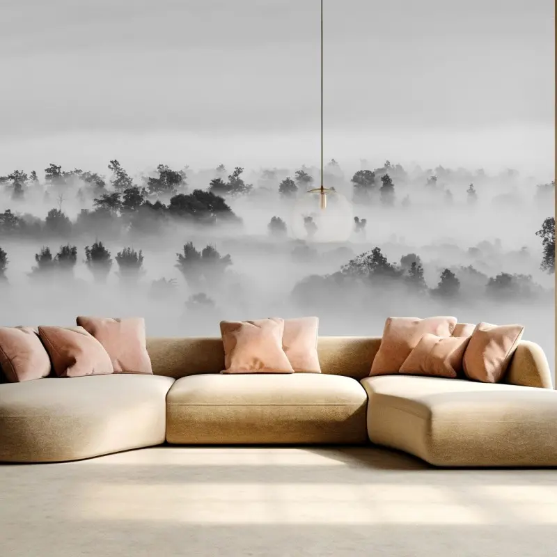 Wall mural mist-covered forest in monochrome