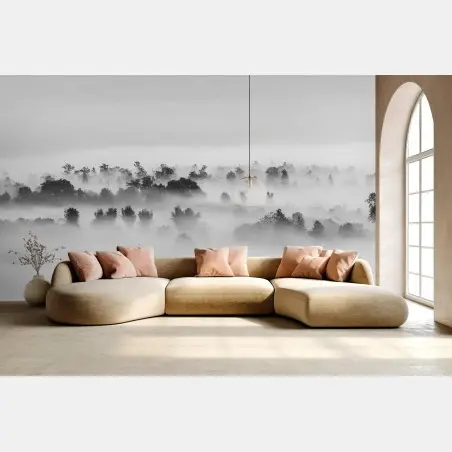 Wall mural mist-covered forest in monochrome • Wallissimo®
