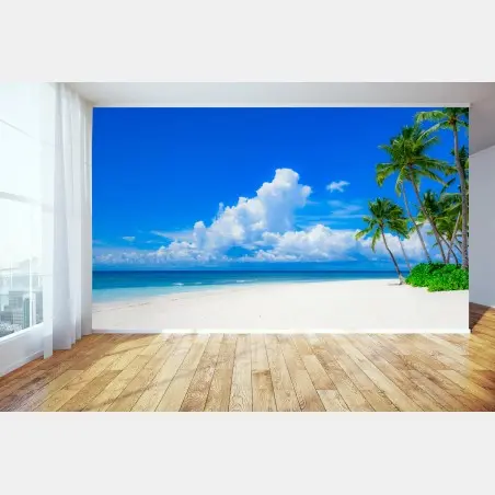 Wall mural tropical palm beach under blue sky • Wallissimo®