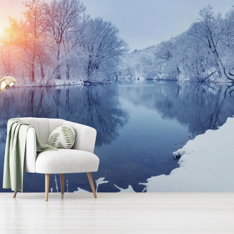 Wall mural serene winter river at sunset