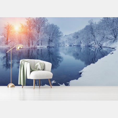 Wall mural serene winter river at sunset • Wallissimo®